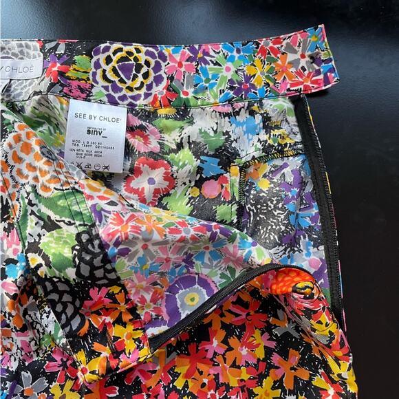 See By Chloe Silk Pleated Floral Mini Skirt Womens 8 Pockets Multicolored Luxury - Picture 6 of 12